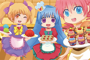 Trzy postacie anime w kolorowych strojach z uśmiechami trzymające talerze z deserami