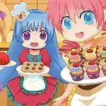 Trzy postacie anime w kolorowych strojach z uśmiechami trzymające talerze z deserami