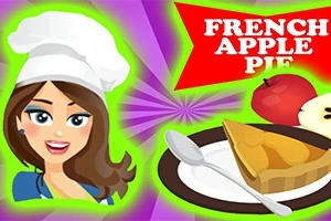 Kobieta w białym czepku kucharskim, talerz z kawałkiem szarlotki, jabłka i napis French Apple Pie na fioletowym tle