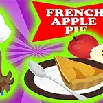 Kobieta w białym czepku kucharskim, talerz z kawałkiem szarlotki, jabłka i napis French Apple Pie na fioletowym tle
