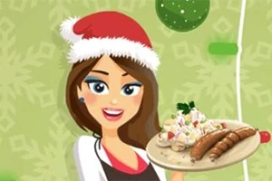 Kobieta w świątecznej czapce trzyma talerz z potrawami na tle zielonych świątecznych dekoracji