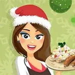 Kobieta w świątecznej czapce trzyma talerz z potrawami na tle zielonych świątecznych dekoracji