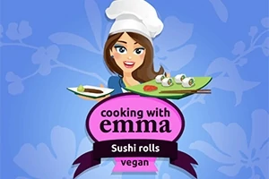 Kobieta w białym czepku kucharskim trzymająca talerz z sushi na tle niebieskich kwiatów oraz napis „cooking with emma” i „sushi rolls vegan”