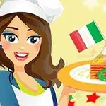 Kobieta w czapce kucharskiej trzyma talerz z lasagne, w tle dwie flagi Włoch na żółtym tle