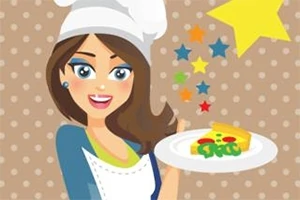 Kobieta w czapce kucharskiej trzymająca talerz z ciastem i kolorowymi gwiazdkami w tle