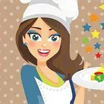 Kobieta w czapce kucharskiej trzymająca talerz z ciastem i kolorowymi gwiazdkami w tle