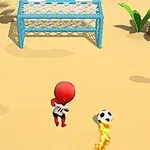 Postać z czerwonym hełmem kopiąca płonącą piłkę nożną w stronę bramki na piaszczystym tle z roślinnością w tle