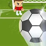 Kartunowy piłkarz w czerwono-czarnym stroju stoi przed bramką, podczas gdy duża piłka nożna leci w jego kierunku