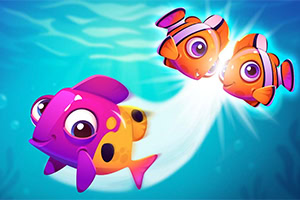 Trzy kolorowe, kreskówkowe rybki pływające w jasnoniebieskiej wodzie