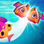 Trzy kolorowe, kreskówkowe rybki pływające w jasnoniebieskiej wodzie