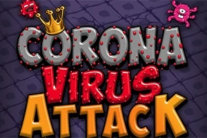 Kolorowy napis Corona Virus Attack z koroną i grafikami wirusów na ciemnym tle