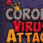 Kolorowy napis Corona Virus Attack z koroną i grafikami wirusów na ciemnym tle