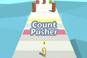 Żółta postać na ścieżce z kolorowymi przeszkodami i napisem Count Pusher na środku ekranu