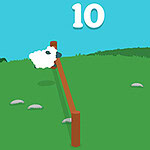 Owca skacząca przez płot na zielonym polu z liczbą 10 na niebieskim niebie w tle