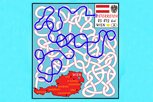 Mapa z węzłami i trasą prowadzącą przez Austrię z flagą i godłem kraju oraz zaznaczonym miastem Wiedeń