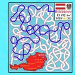 Mapa z węzłami i trasą prowadzącą przez Austrię z flagą i godłem kraju oraz zaznaczonym miastem Wiedeń