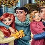 Dwie pary postaci animowanych spacerujących jesienią, z drapaczami chmur w tle