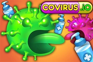 Zielony wirus z wypustkami o otwartych ustach zjada butelki z płynem dezynfekującym na pomarańczowym tle, obok różowy wirus i logo COVIRUS