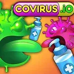 Zielony wirus z wypustkami o otwartych ustach zjada butelki z płynem dezynfekującym na pomarańczowym tle, obok różowy wirus i logo COVIRUS