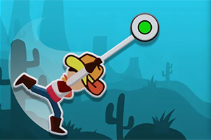 Postać w kowbojskim kapeluszu i butach, trzymająca długi kij zakończony zielonym kółkiem na tle pustynnego krajobrazu z kaktusami