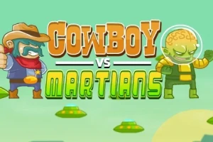 Kowboj z pistoletem i zielony Marsjanin z hełmem na tle latających spodków, z napisem Cowboy vs Martians