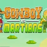 Kowboj z pistoletem i zielony Marsjanin z hełmem na tle latających spodków, z napisem Cowboy vs Martians