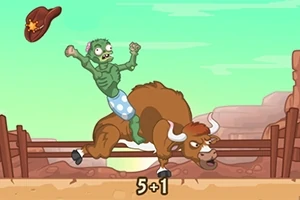 Zombi w szortach w kropki jest wyrzucany z biegnącego byka na tle pustynnego krajobrazu z odrzuconym kowbojskim kapeluszem