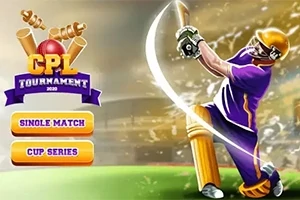 Zawodnik w fioletowym stroju i złotym kasku uderza piłkę do krykieta, obok widoczne są drewniane pałki i duży napis z logiem turnieju CPL