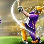 Zawodnik w fioletowym stroju i złotym kasku uderza piłkę do krykieta, obok widoczne są drewniane pałki i duży napis z logiem turnieju CPL