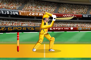 Postać w żółtym stroju uderza kijem do krykieta na boisku, z widownią w tle