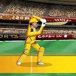 Postać w żółtym stroju uderza kijem do krykieta na boisku, z widownią w tle