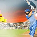 Zawodnik krykieta uderza piłkę na tle stadionu z dużym napisem CPL Tournament oraz przyciskiem play