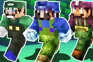 Trzy postacie w pikselowej grafice, ubrane w kolory zielony, niebieski i fioletowy, biegną obok siebie na tle zielonego krajobrazu