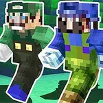 Trzy postacie w pikselowej grafice, ubrane w kolory zielony, niebieski i fioletowy, biegną obok siebie na tle zielonego krajobrazu