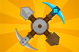 Ilustracja przedstawia cztery skrzyżowane narzędzia: metalowy topór, niebieski kilof, młot i łopatę, na pomarańczowym tle z promieniami