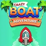 Napis Crazy Boat Adventure z grafiką motorówki i palm na tle zielonej wody