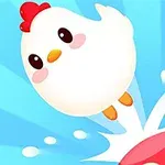 Biała, kreskówkowa kura z czerwonym grzebieniem wyskakująca w powietrze na niebieskim tle z grzybka w czerwono-białe kropki