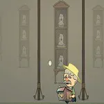 Starszy mężczyzna w żółtym kapeluszu i z książką w rękach, stojący w pomieszczeniu z obrazami lub zdjęciami duchów na ścianach