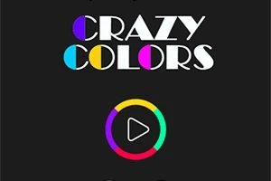 Napis Crazy Colors z kolorowymi elementami graficznymi na czarnym tle, poniżej kolorowe kółko z ikoną odtwarzania
