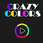 Napis Crazy Colors z kolorowymi elementami graficznymi na czarnym tle, poniżej kolorowe kółko z ikoną odtwarzania