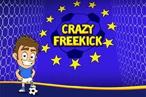 Piłkarz w niebieskim stroju stoi z piłką na tle niebieskiej siatki, z napisem Crazy Freekick otoczonym żółtymi gwiazdami