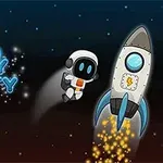 Astronauta w skafandrze leci obok startującej rakiety na tle ciemnego kosmosu z migoczącymi gwiazdami i napisem Crazy Gravity