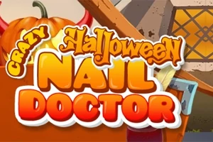 Kolorowy napis Crazy Halloween Nail Doctor na tle z dynią i domem
