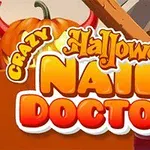 Kolorowy napis Crazy Halloween Nail Doctor na tle z dynią i domem
