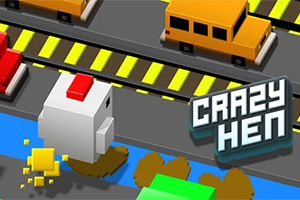 Pikselowa kura na ulicy z samochodami i przeszkodami oraz napis Crazy Hen