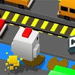 Pikselowa kura na ulicy z samochodami i przeszkodami oraz napis Crazy Hen