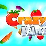Napis Crazy Knife otoczony rozrzuconymi warzywami i nożem na niebieskim tle