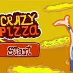 Karykaturalny kucharz z wąsami i dużymi oczami uśmiecha się i macha, otoczony latającymi kawałkami pizzy na żółtym tle, obok znajduje się przycisk z napisem Start