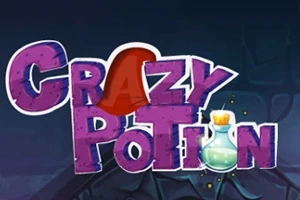 Kolorowy napis z dużymi literami CRAZY POTION z butelką eliksiru na ciemnym tle