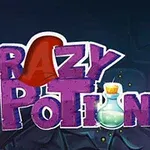 Kolorowy napis z dużymi literami CRAZY POTION z butelką eliksiru na ciemnym tle
